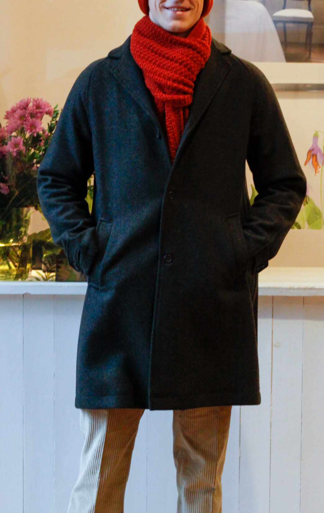 Cappotto classico da uomo loden in lana modello Carluccio cappellino in lana e cashmere modello Italo e sciarpa lana e cashmere Vera RISI Milano